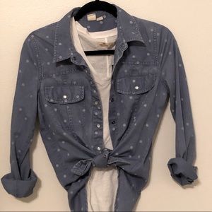 Polka dot chambray long sleeve button down top
